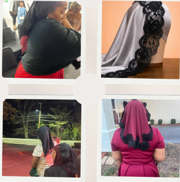 A collage of four photos featuring women wearing hijabs in different settings and styles.