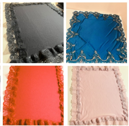 Four fabric pieces with lace borders in black, blue, red, and pink colors.