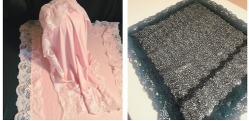 Close-up of a pink lace fabric and a black lace fabric.