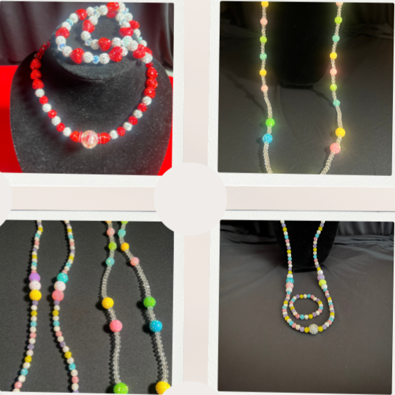 A collage of four photos displaying colorful beaded jewelry, including necklaces and bracelets, arranged on black backgrounds and a red surface.