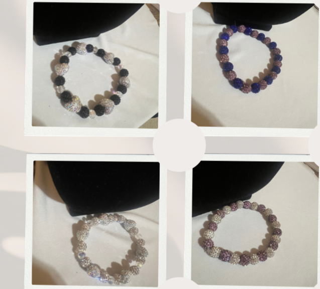 Four different beaded necklaces arranged in a collage, each featuring multi-colored beads with sparkly or textured surfaces, placed on a white surface with a black background.