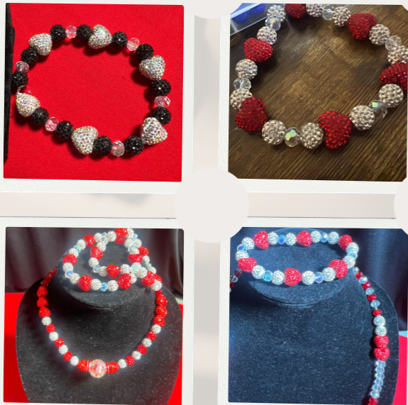 Four different beaded necklaces, each with red, black, and silver beads, arranged on various backgrounds including red, wood, and black surfaces.