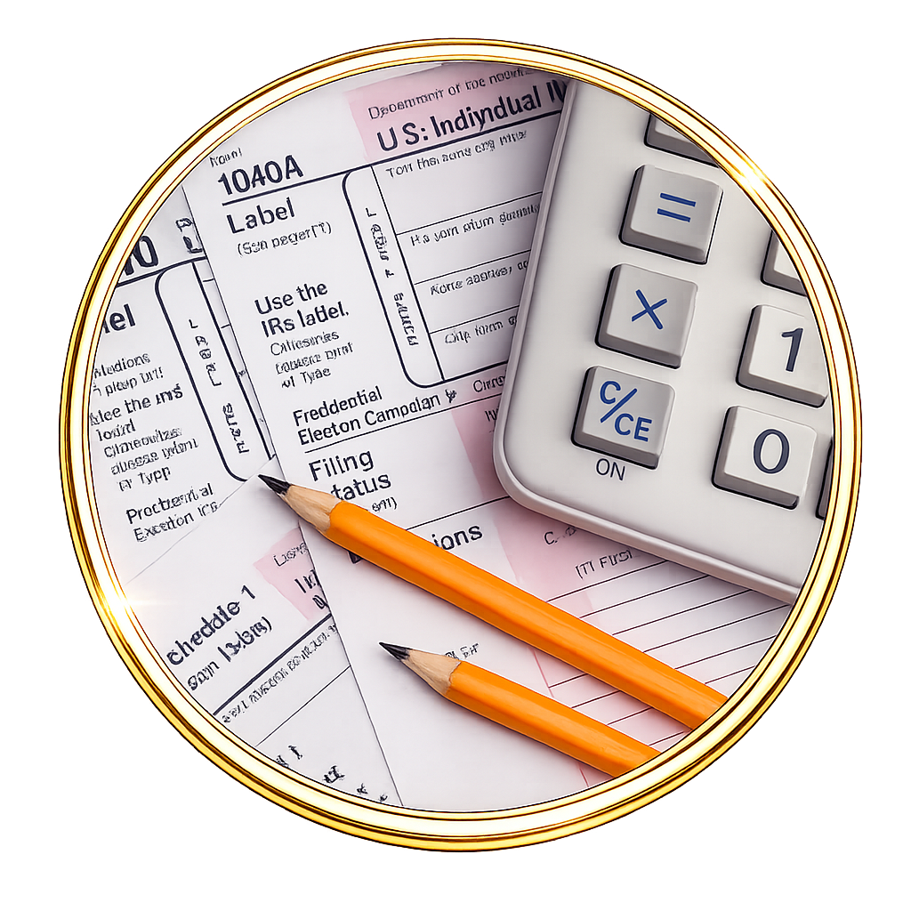 A tax form with two pencils and a calculator placed on top of it, viewed through a circular mirror.