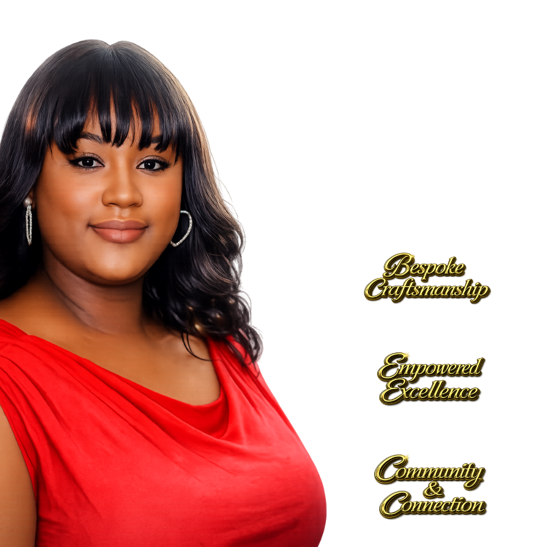 A woman with long dark hair, wearing hoop earrings and a red top, smiles at the camera. Text on the image says 'Bespoke Craftsmanship,' 'Empowered Excellence,' and 'Community & Connection'.