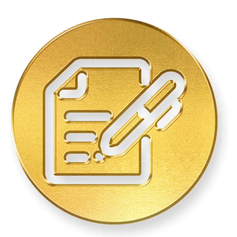 Golden emblem with a document and pen icon.