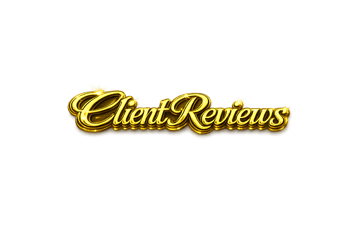 Gold 3D text that reads "Client Reviews" against a black background with rain-like streaks.