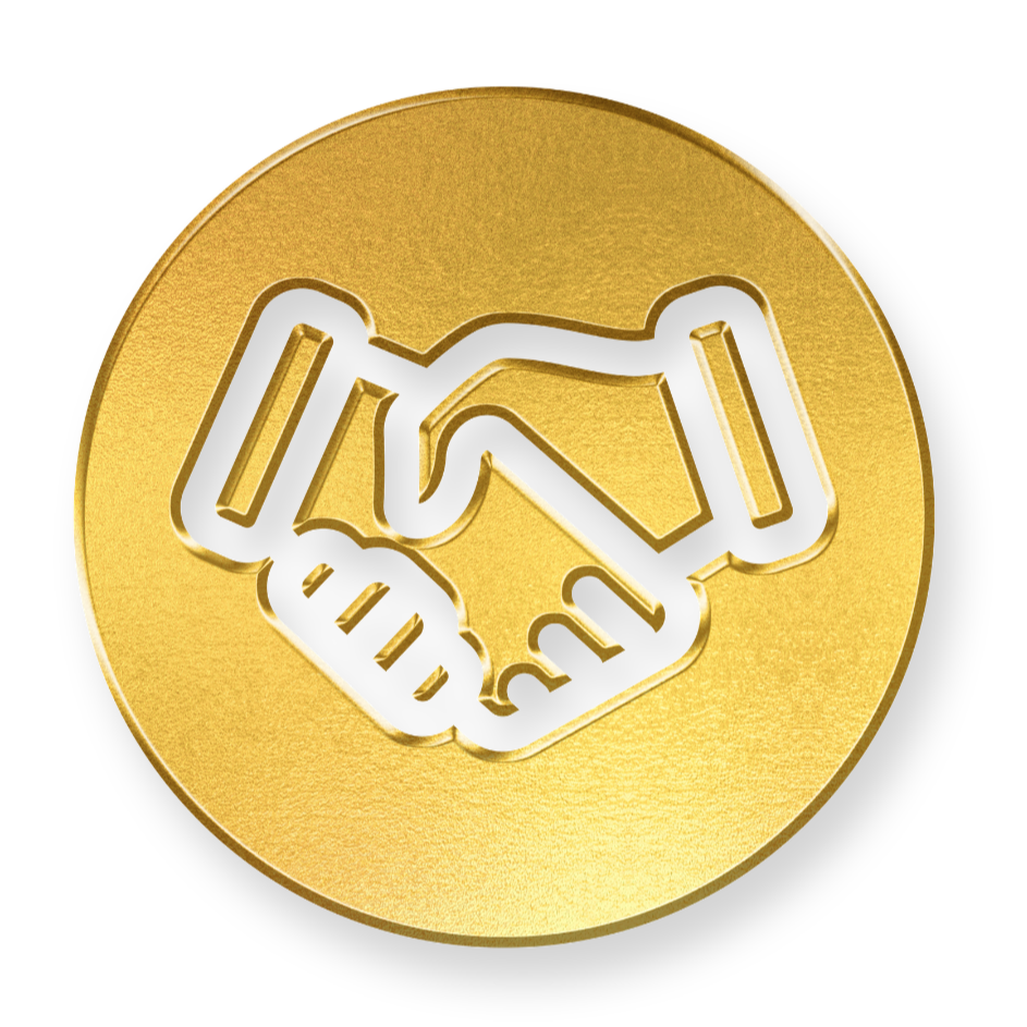 Gold coin with a black outline of a handshake in the center.
