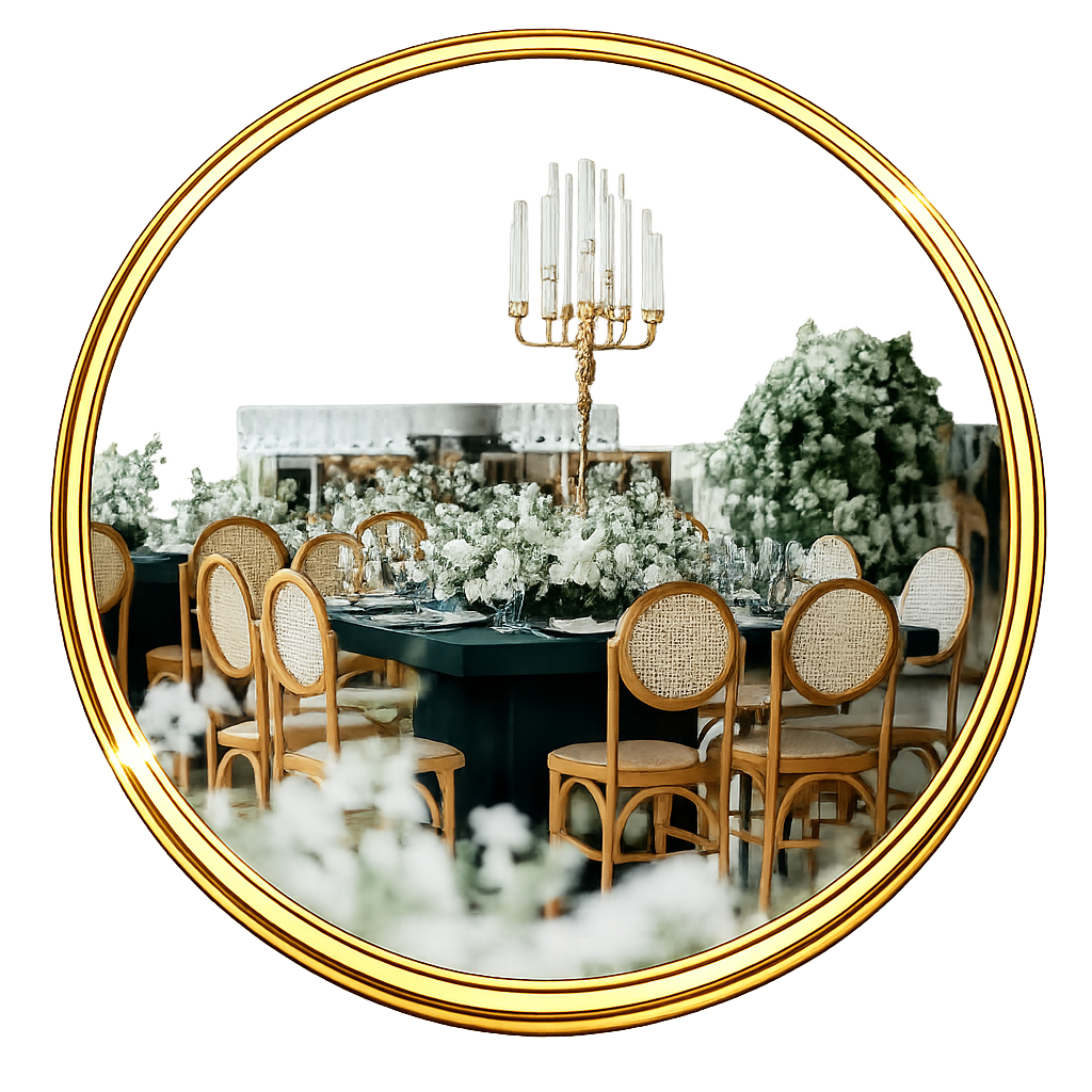 Elegant round dining table set with floral arrangements, surrounded by rattan back chairs, and a modern chandelier hanging above, in a sophisticated event space.