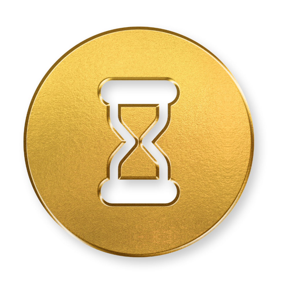 Gold coin with a black hourglass symbol in the center on a black background.
