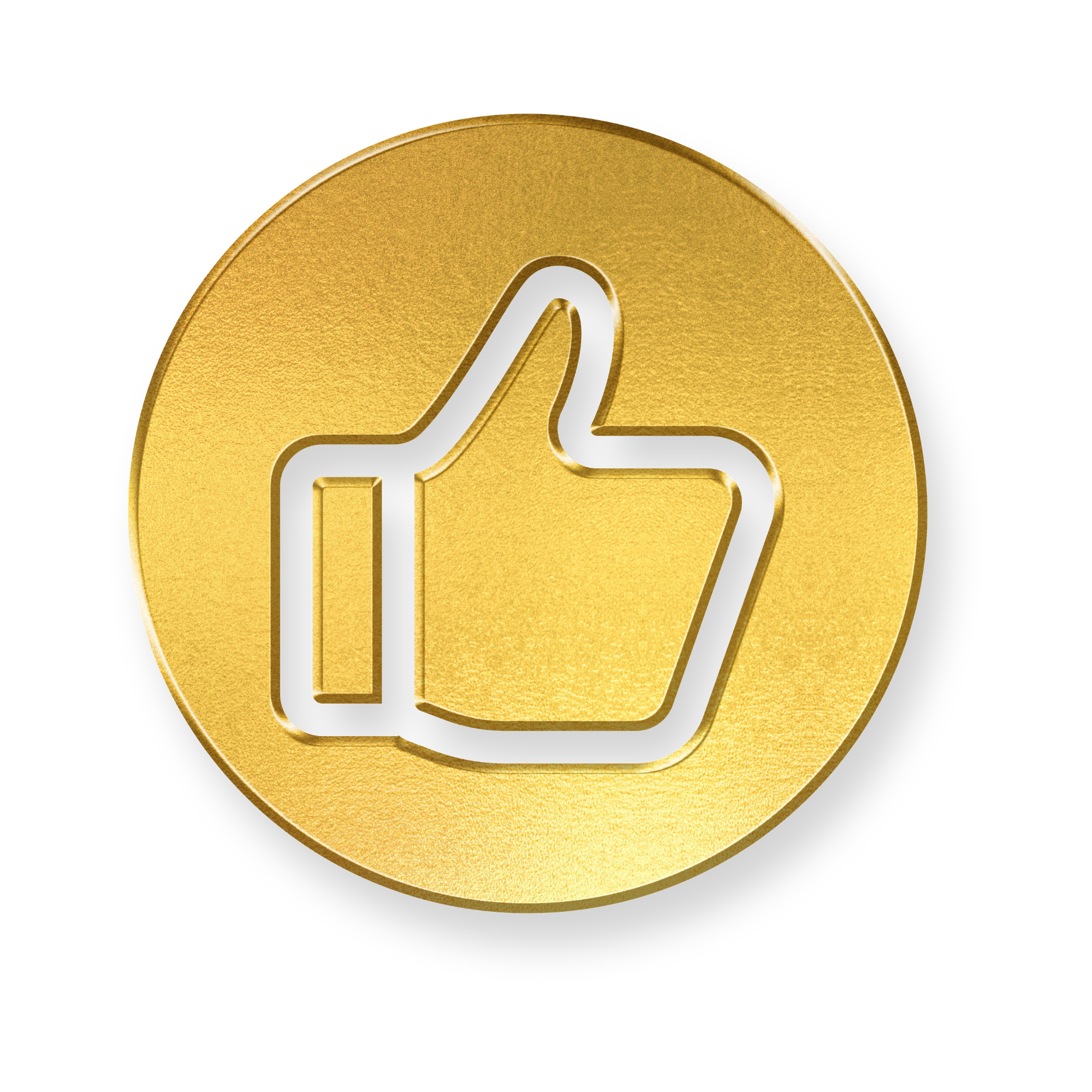 Gold coin featuring a black outline of a thumbs-up symbol on a black background.