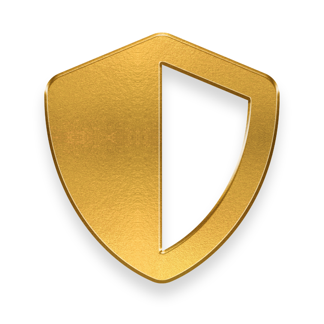 Gold shield emblem with a black background, featuring a division line creating two halves, one solid and one outlined.