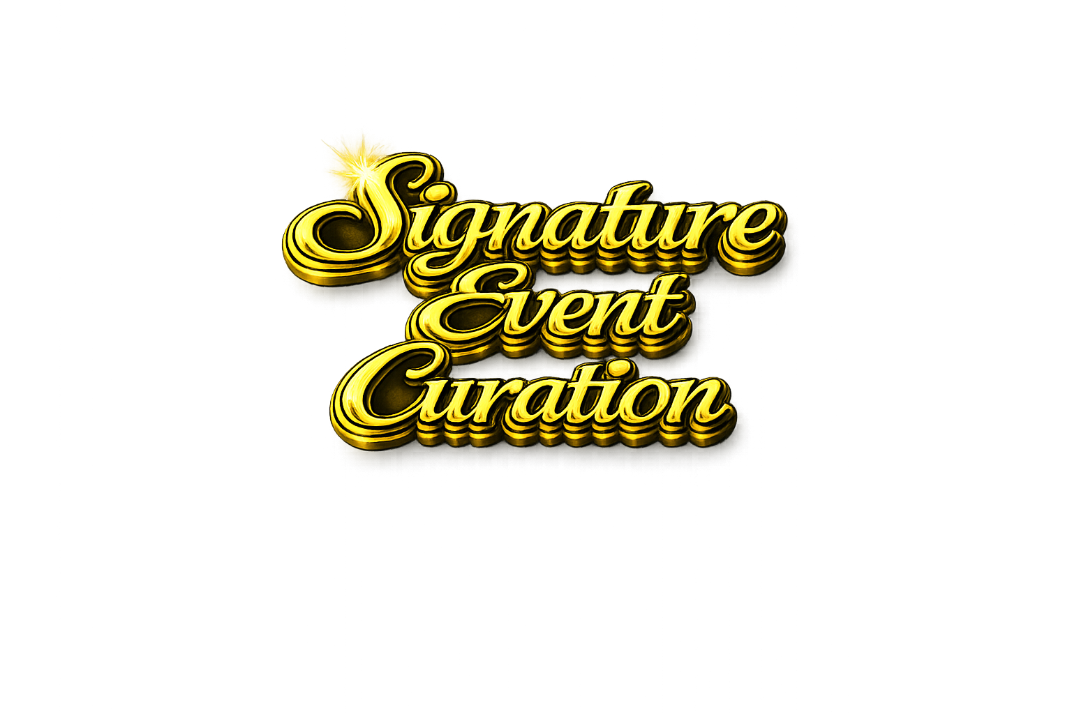 Gold, three-dimensional, cursive text reading 'Signature Event Curation' with a starburst effect on the word 'Signature' against a dark background.