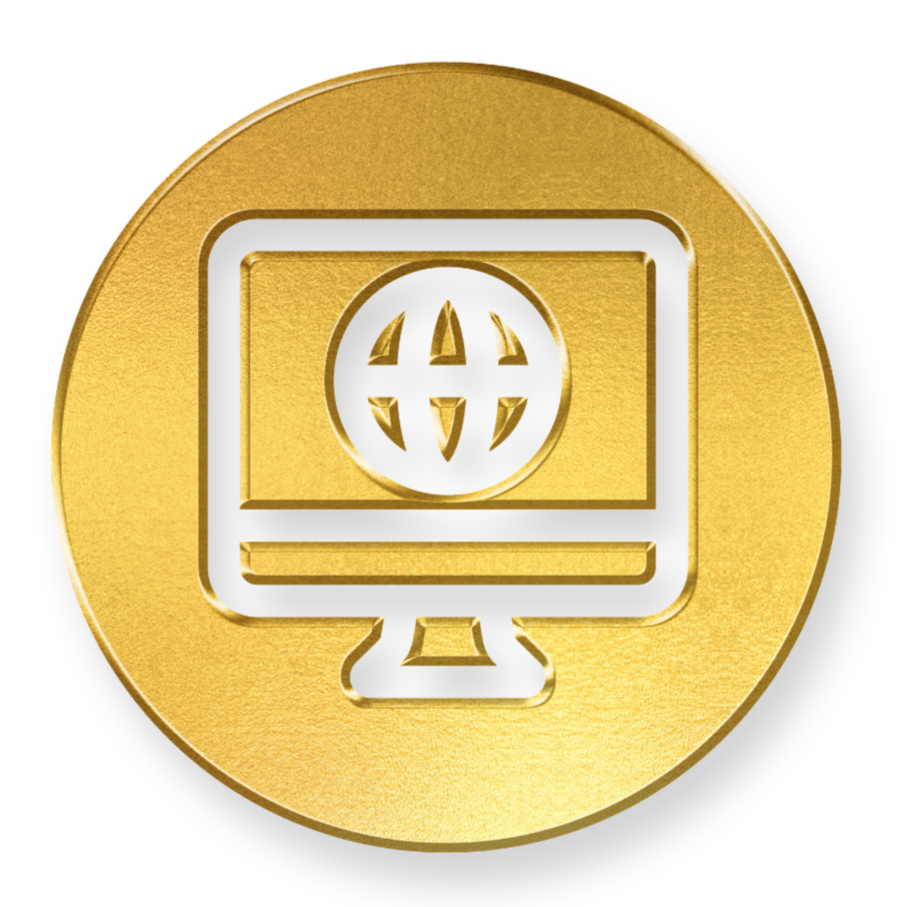Gold coin with a computer monitor and globe icon engraved on it.
