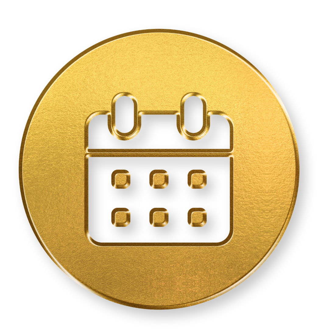 Gold circular icon with a calendar symbol engraved in the center.