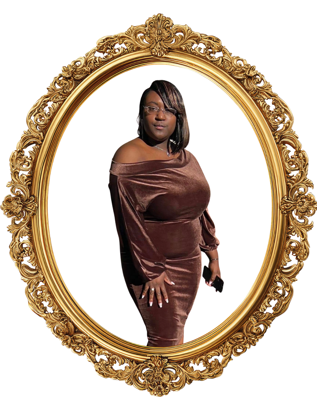 A woman in a satin, off-shoulder brown dress standing inside an ornate gold oval picture frame.