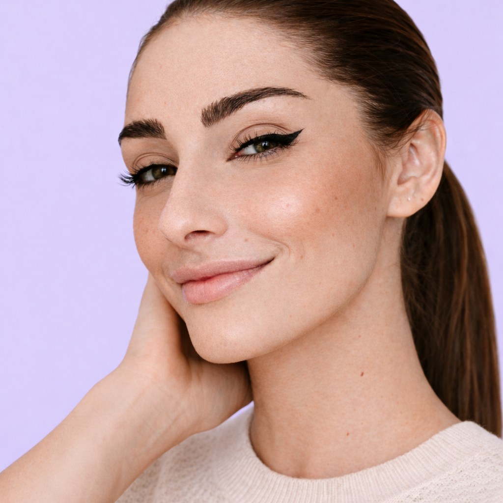 Natural looking microbladed eyebrows on woman smiling against lavender background at El Roi Beauty Co microblading studio