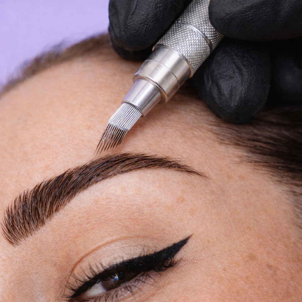 Close-up of professional microblading blade creating natural hair stroke brows during eyebrow microblading treatment