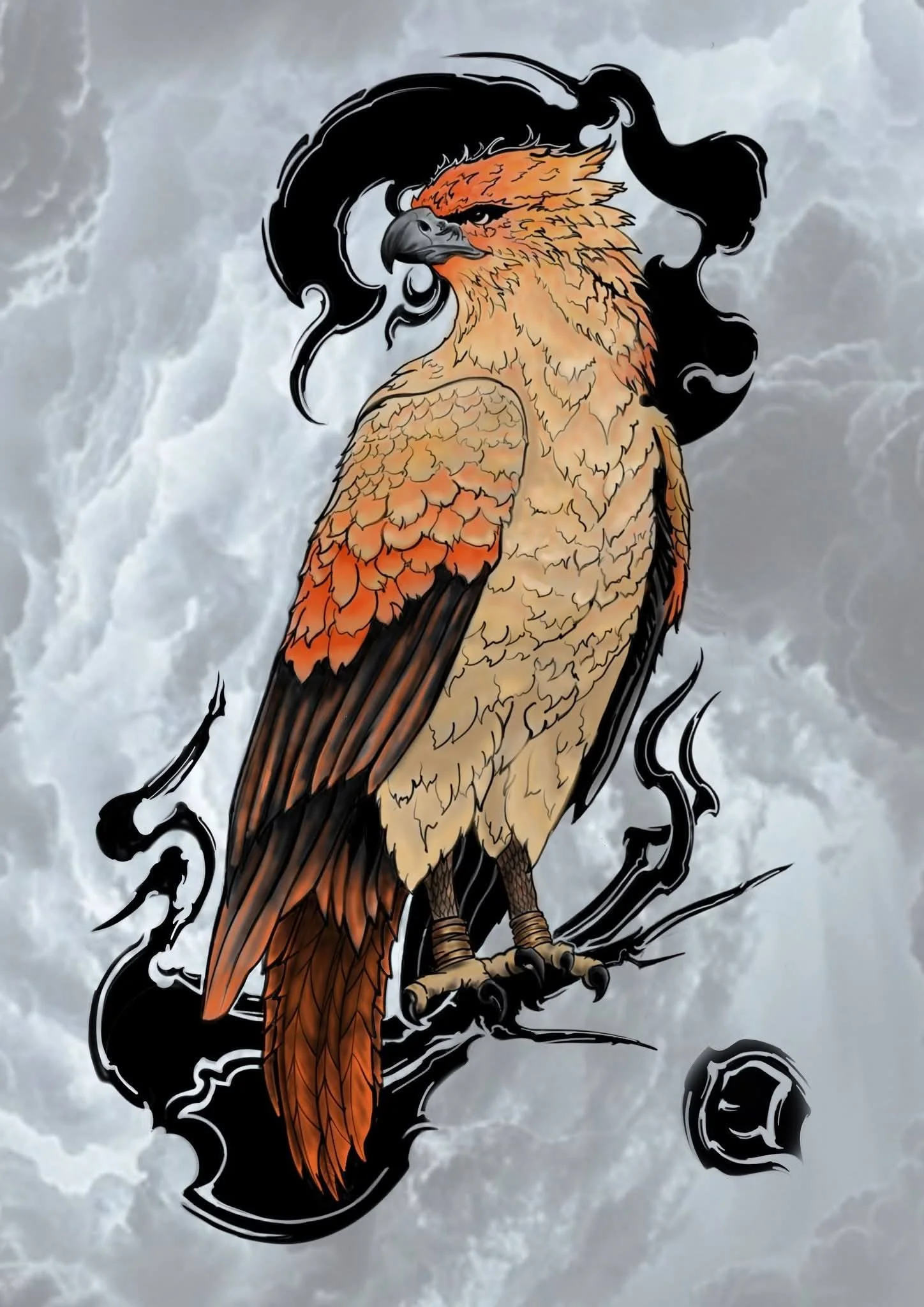 Artwork of a fierce-looking hawk with orange and brown feathers, perched on a branch amid black swirling design elements, set against a cloudy gray background.