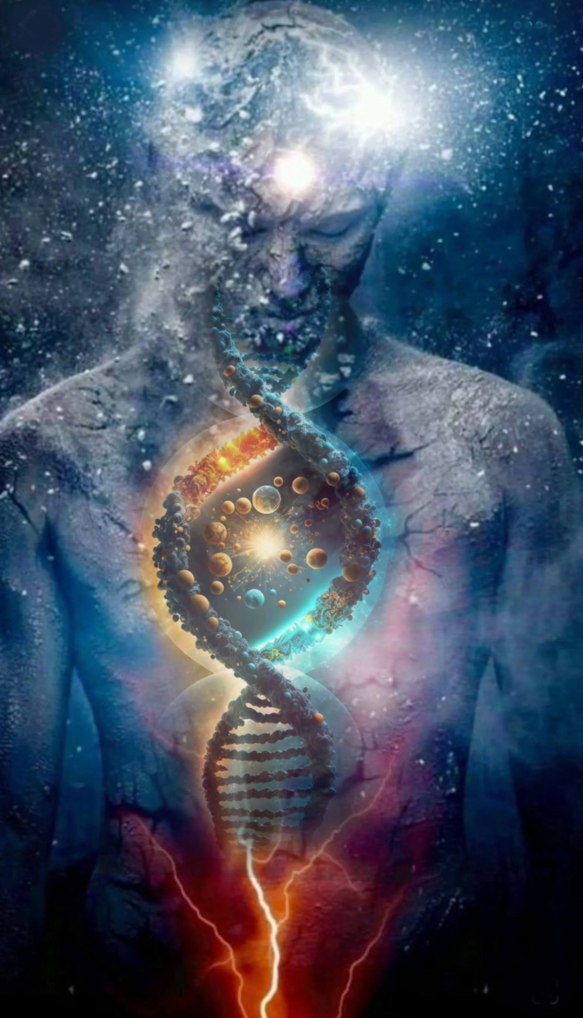A digital collage showing a human figure with a DNA double helix in the center, surrounded by cosmic and molecular imagery, representing science and the universe.