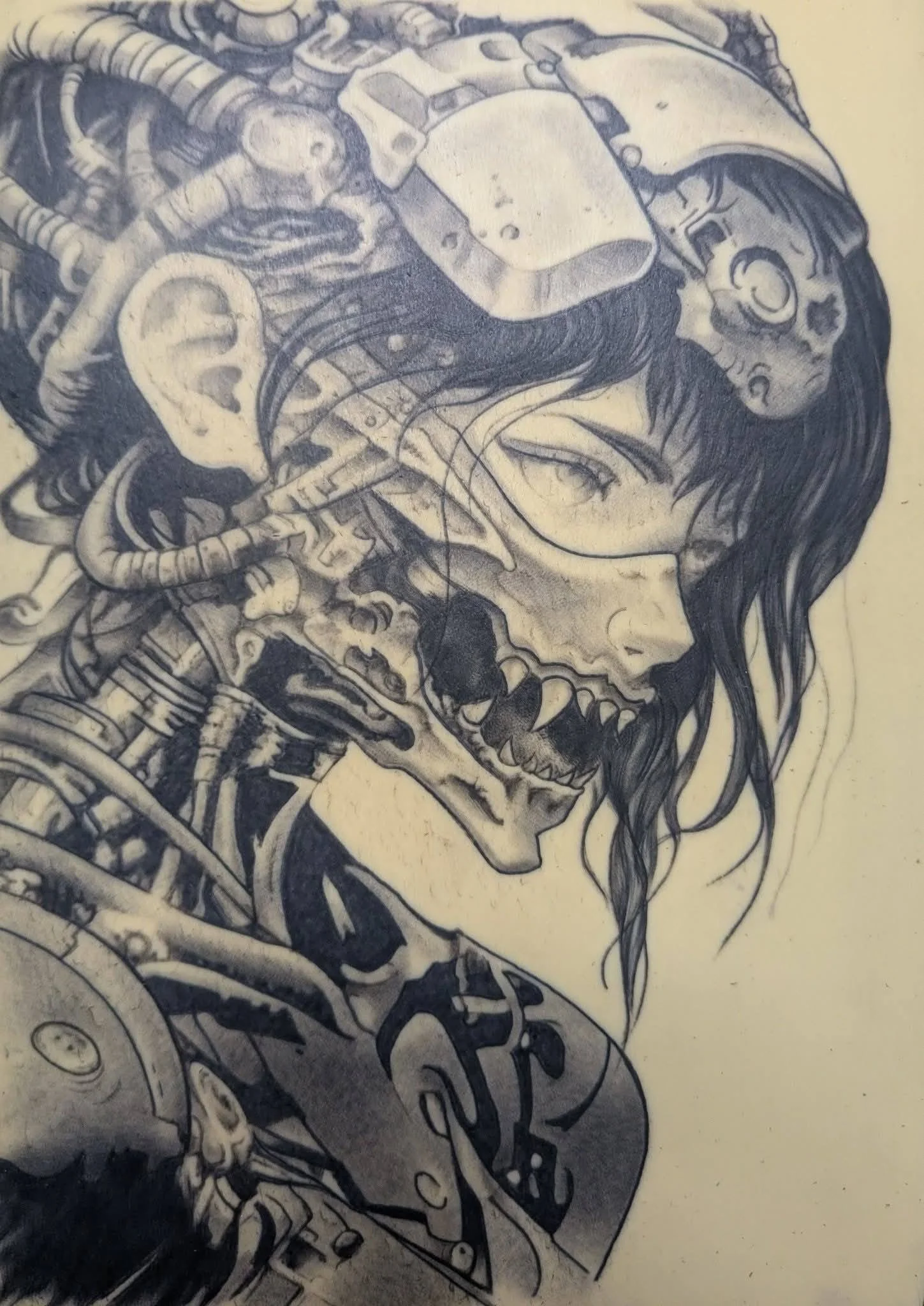 Detailed black and white drawing of a cyberpunk woman with long black hair, some of her face and body composed of mechanical and robotic parts.