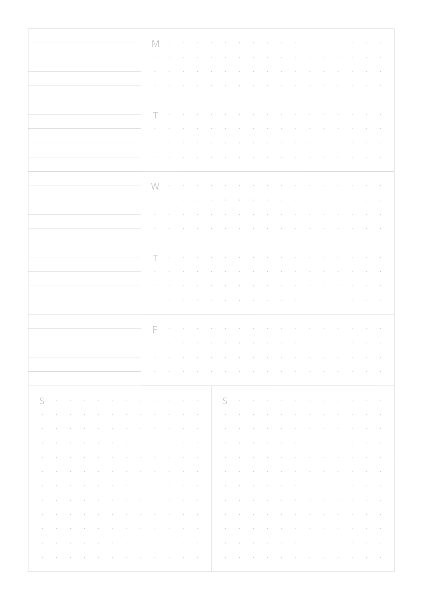 A blank weekly planner page with space for each day of the week and notes sections at the bottom.