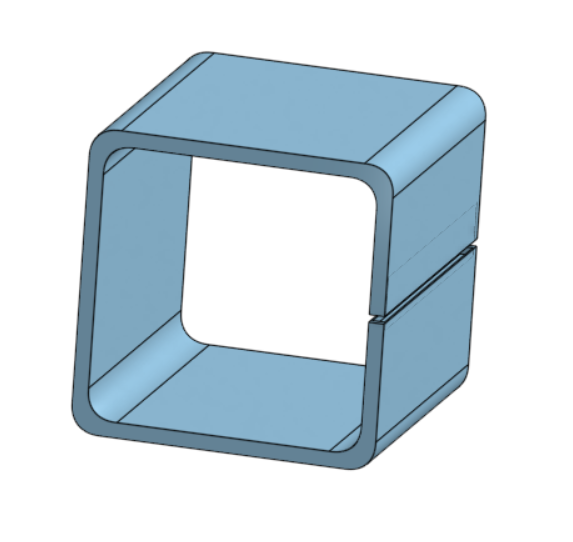 3D illustration of a blue, open-ended, rectangular mechanical or electronic component with rounded edges and a split in its side.
