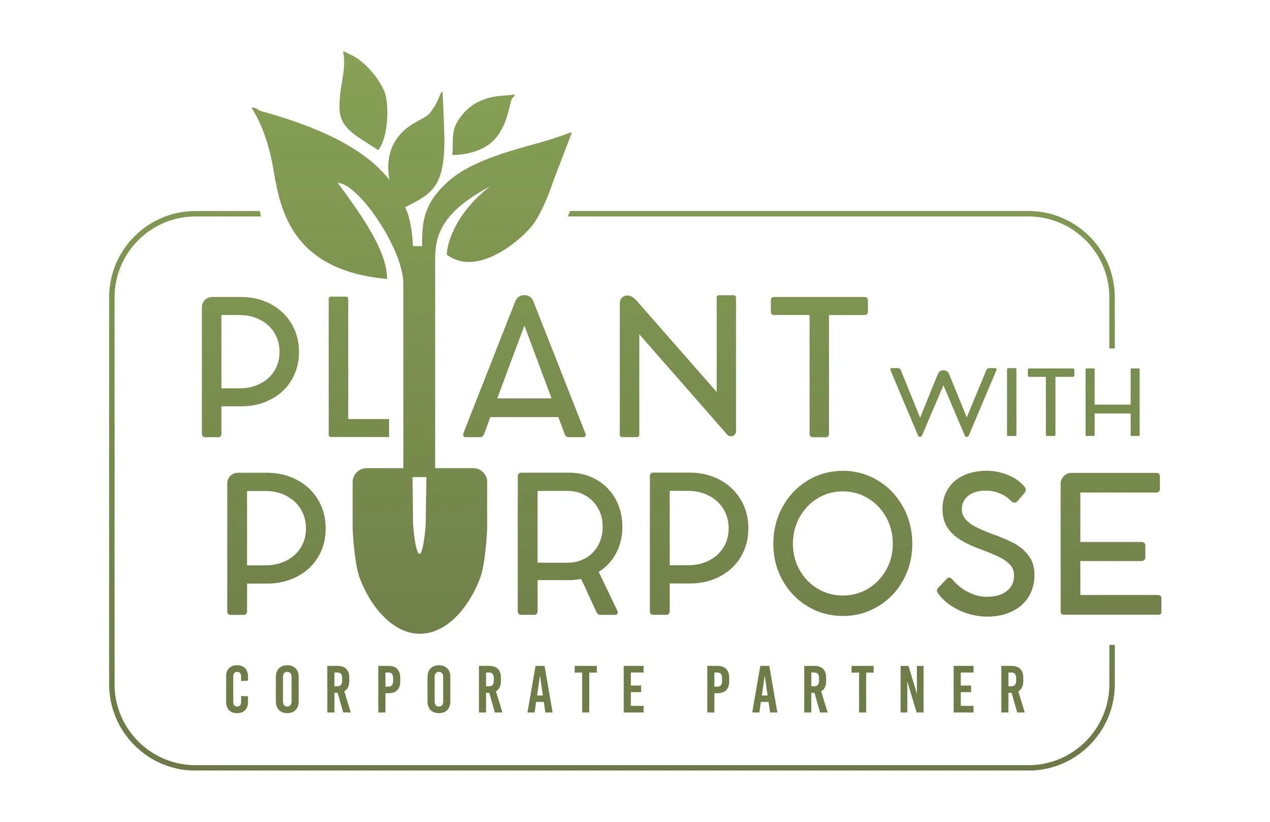 A logo featuring a green plant with three leaves growing from the shape of a shovel. The text reads "PLANT WITH PURPOSE" with "CORPORATE PARTNER" underneath, all in shades of green.