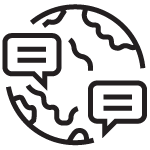 Icon of the globe with two speech bubbles, representing global communication or conversation.