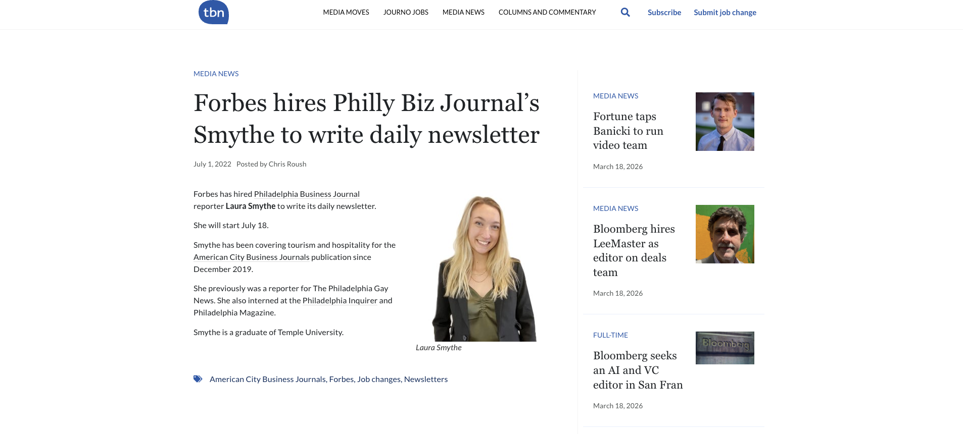 Web page of a news article with the headline "Forbes hires Philly Biz Journal’s Smythe to write daily newsletter." The page includes a picture of a young woman with blonde hair smiling, wearing a dark blazer over a green top. The article discusses Laura Smythe, a journalist, with details about her career. The site menu includes sections like Media Moves, Journo Jobs, Media News, Columns and Commentary. The right sidebar features smaller news headlines and images, such as a man in a suit with a blue shirt and tie, and a colorful Bloomberg sign.