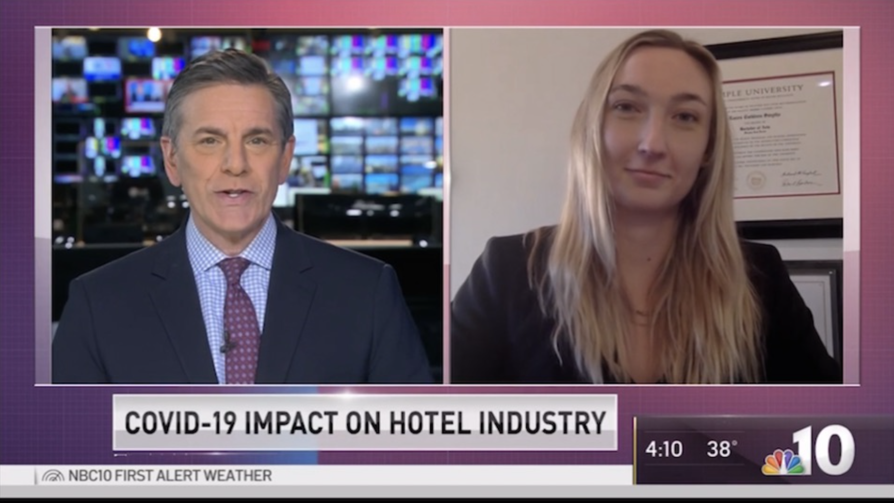 Screenshot of a news broadcast with a male news anchor on the left and a female guest on the right, discussing the impact of COVID-19 on the hotel industry.