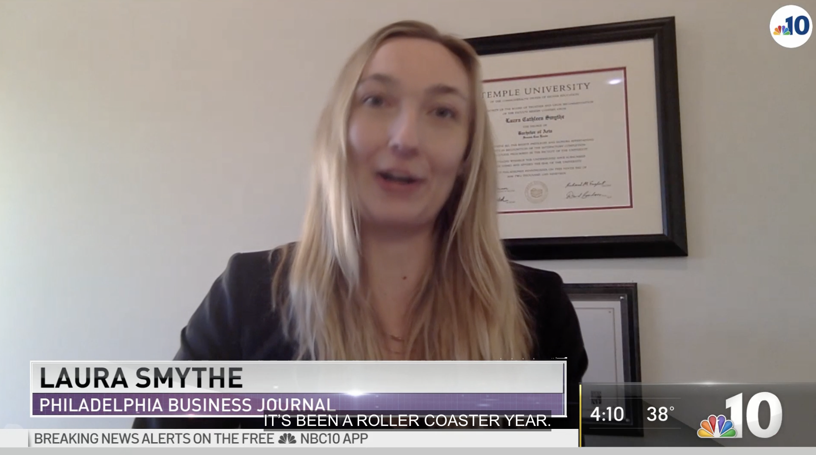 News reporter with the Philadelphia Business Journal on NBC 10, a woman with long blonde hair, in an office with framed university diplomas on the wall.