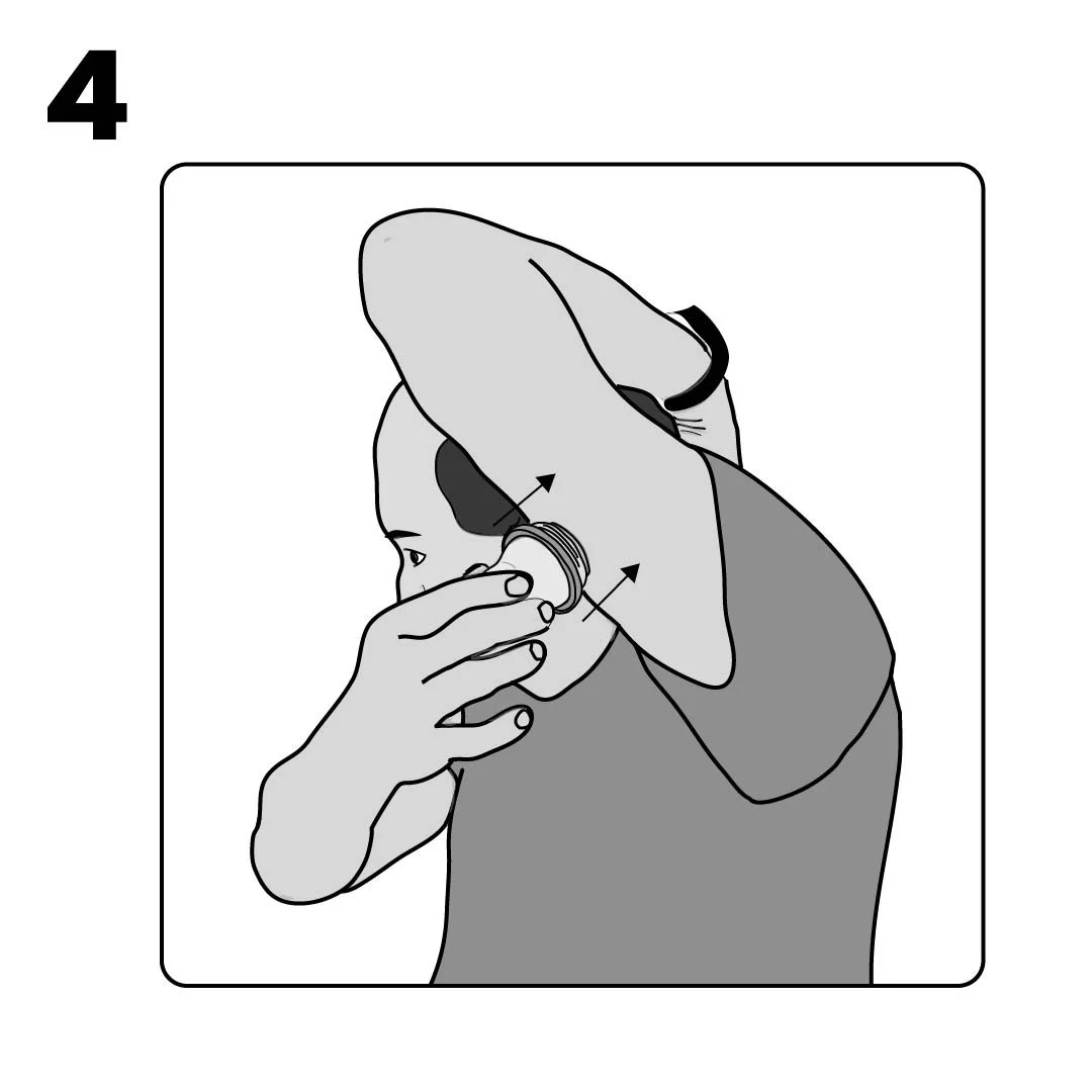 New grayscale illustration of male figure applying the sensor to the back of the upper arm with arm raised.