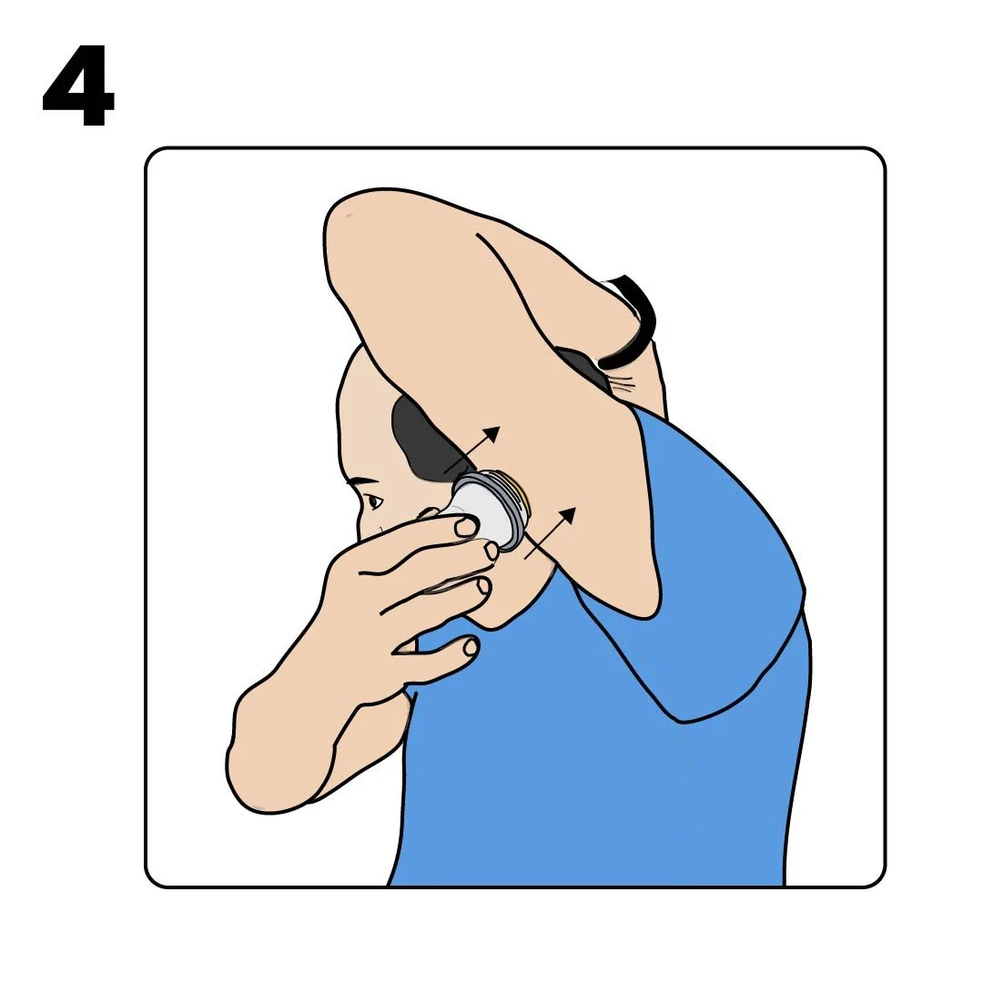 New color illustration of male figure applying the sensor to the back of the upper arm with arm raised.