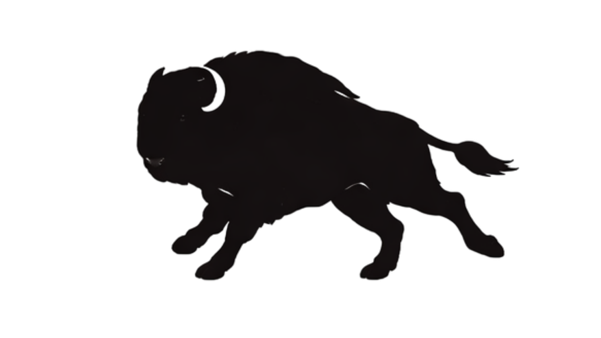 A black illustrated bison running. 
