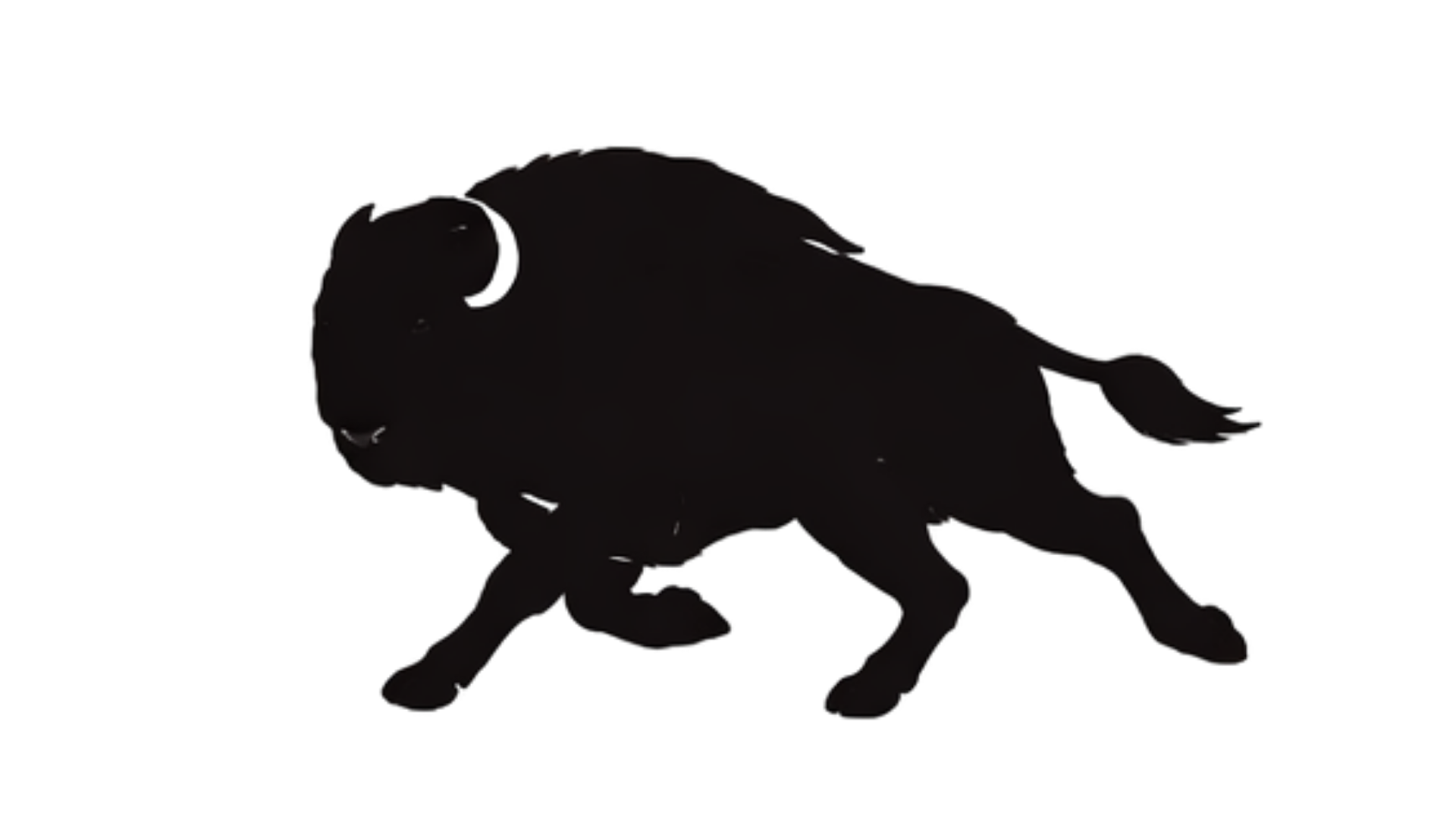 A black illustrated bison running. 