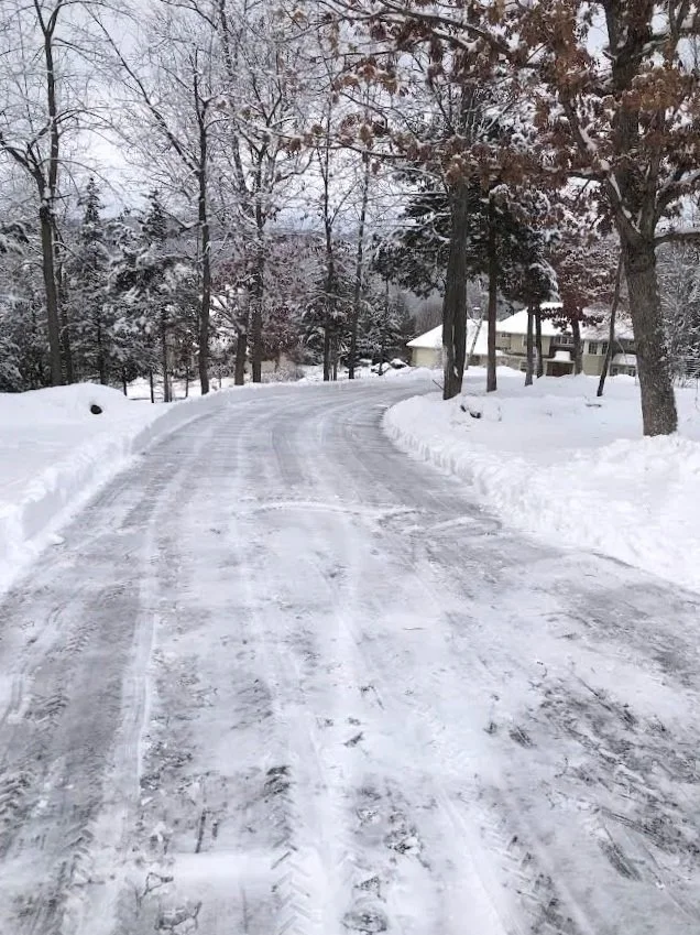 A snowy residential street with snow-covered trees lining the road, tire tracks visible on the snow, and houses in the background.