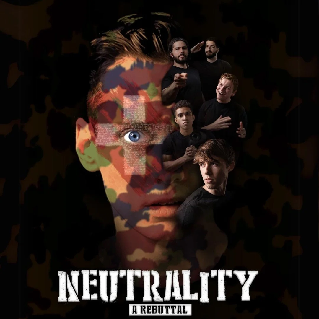 A promotional poster for a show called 'Neutrally: A Rebuttal.' featuring a large, stylized portrait of a young man's face with short hair, a serious expression, and a blue eye, overlaid with abstract, colorful patterns and digital text. Several other young men with dark hair and casual clothing are positioned around the main face, some looking directly forward, others looking off to the side. The background is dark, emphasizing the portrait and the group of young men.