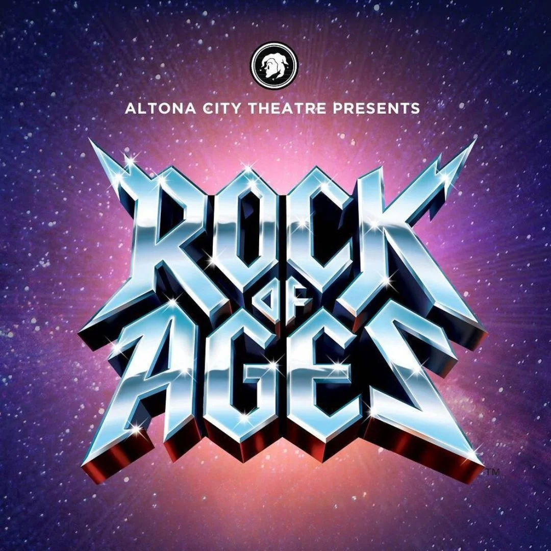 Poster for a production of 'Rock of Ages' presented by Altona City Theatre, with a colorful cosmic background and the show title in bold, shiny, metallic letters.
