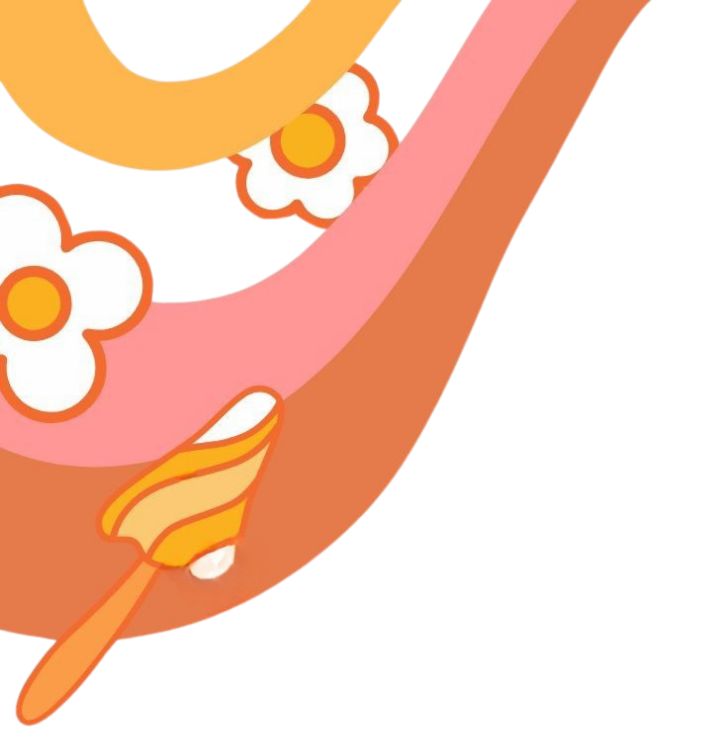 Close-up of a cartoon pink-colored hippy design with white flowers and orange-yellow accents.