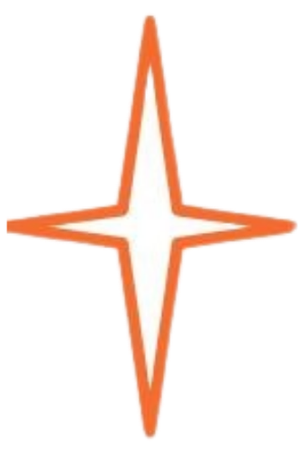 A bright orange star-shaped design with a white center and an orange outline.