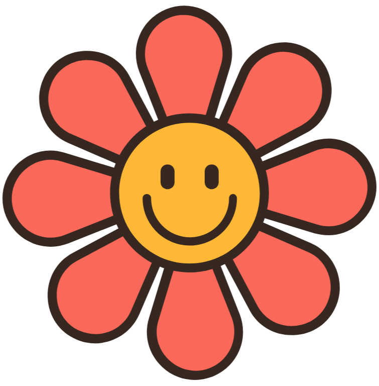 A cartoon flower with a yellow smiling face and pink petals.