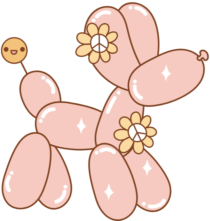 A cartoon balloon animal shaped like a dog, decorated with flowers and peace symbols, with a small smiling smiley face on a stick.
