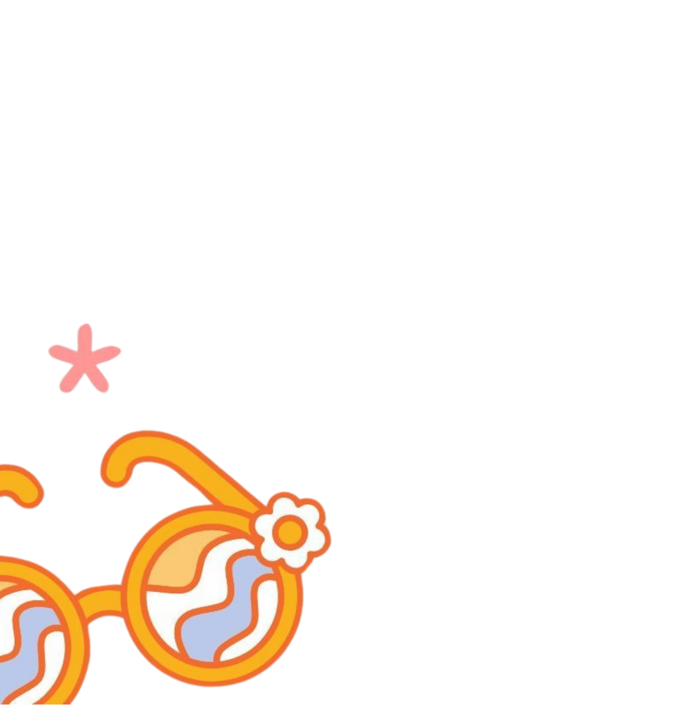 Colorful retro-style sunglasses with a flower decoration on the frame, leaning against a pink surface with a black background.