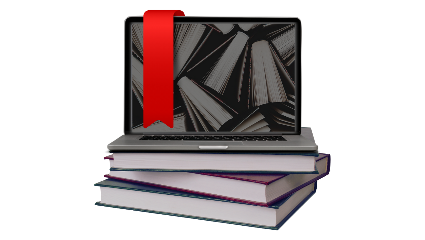 GetBookd Laptop with a red bookmark icon on the screen, stacked on top of several large books.