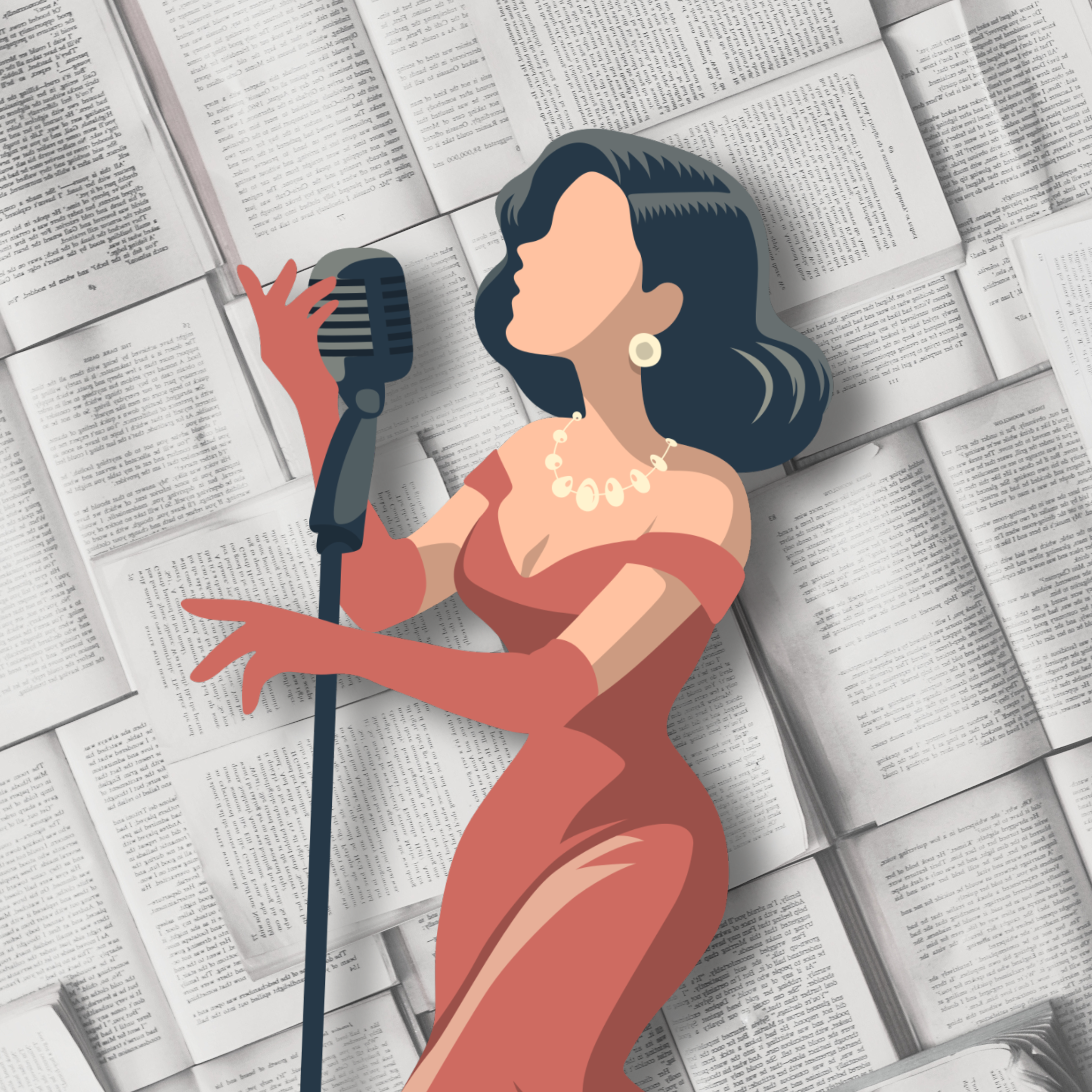 Illustration of a woman singing into a vintage microphone, dressed in an elegant, off-the-shoulder dress and jewelry, with a background of numerous open books.