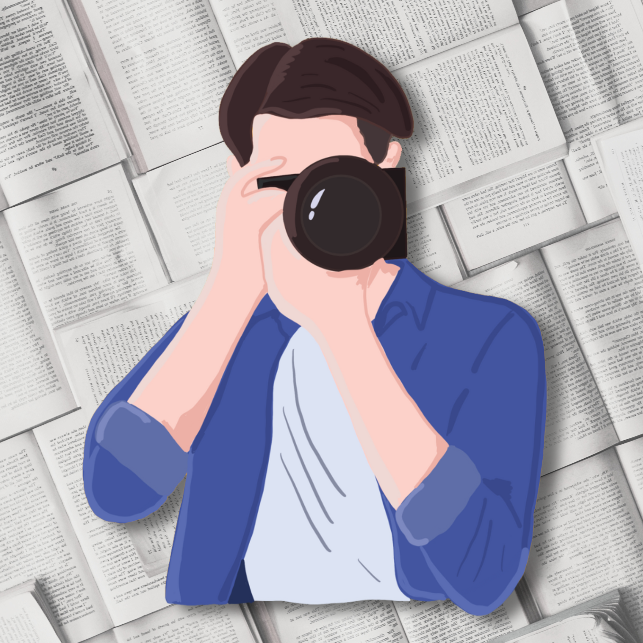 Illustration of a person holding a camera up to their face, taking a photo, with open books spread out behind them.