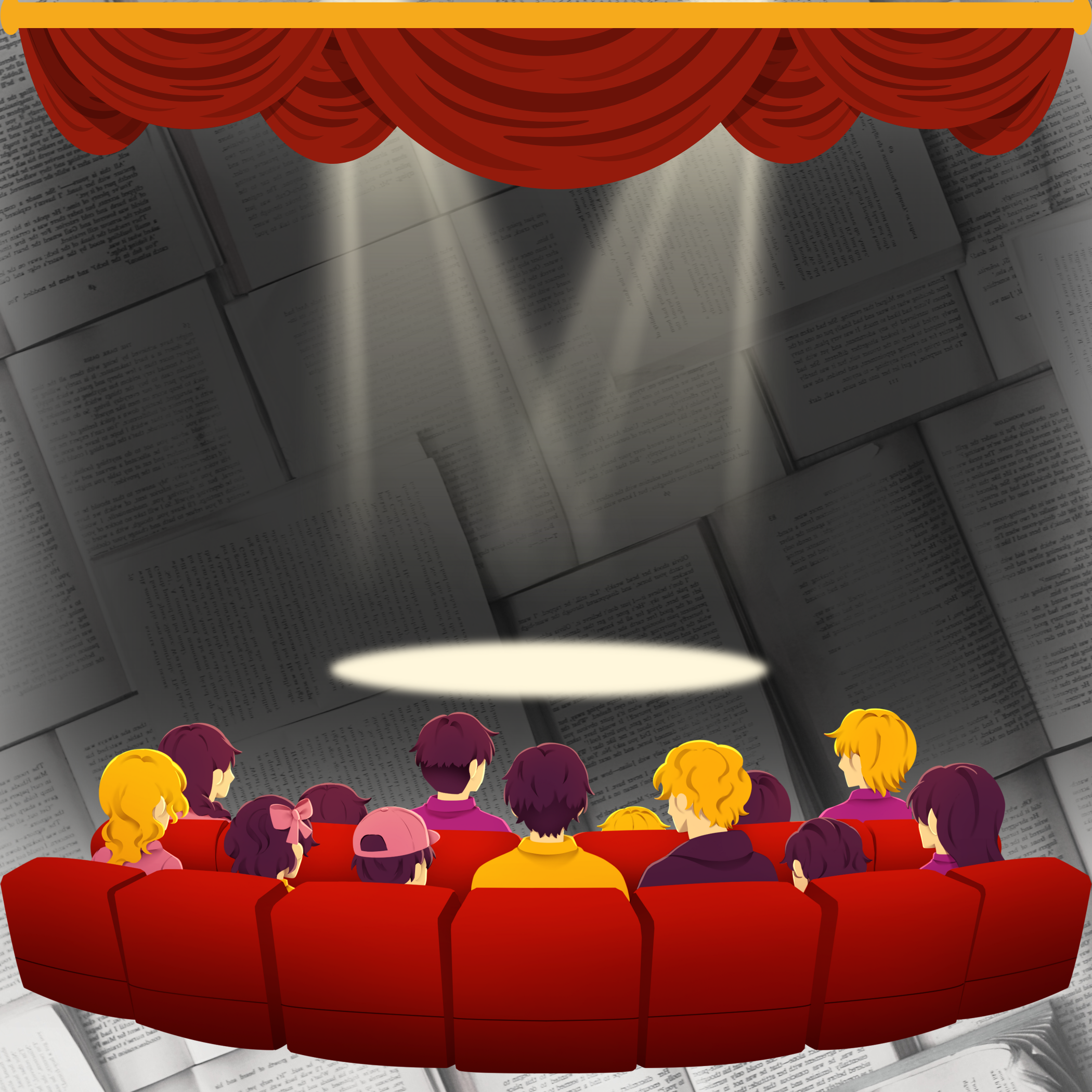 Illustration of a group of people sitting in a red theater or auditorium, watching a performance or presentation with a bright spotlight shining on the stage. The background consists of open books and text.