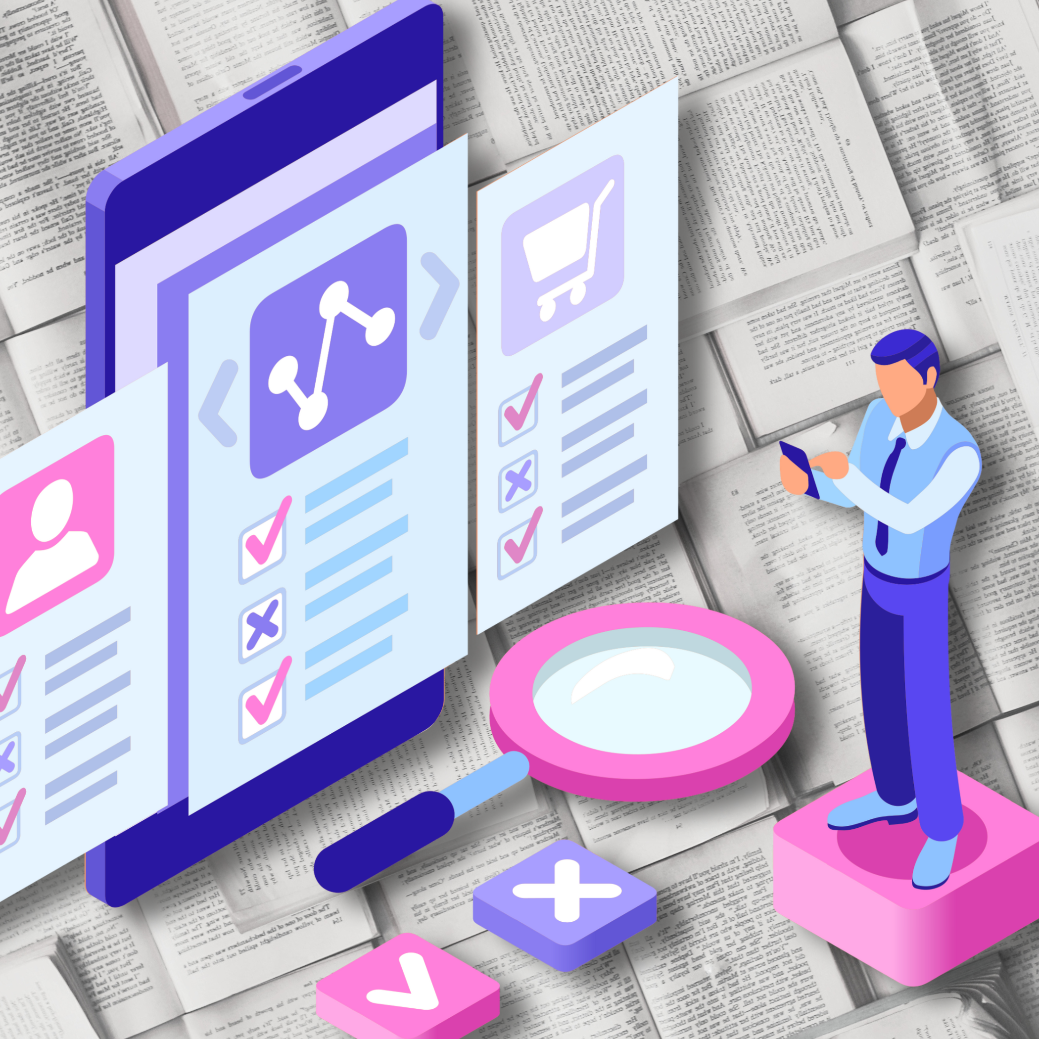 A man in business attire stands on a pink platform using a smartphone, with overlaid digital icons and checklists about data analysis, shopping, and social media, set against background of open books.