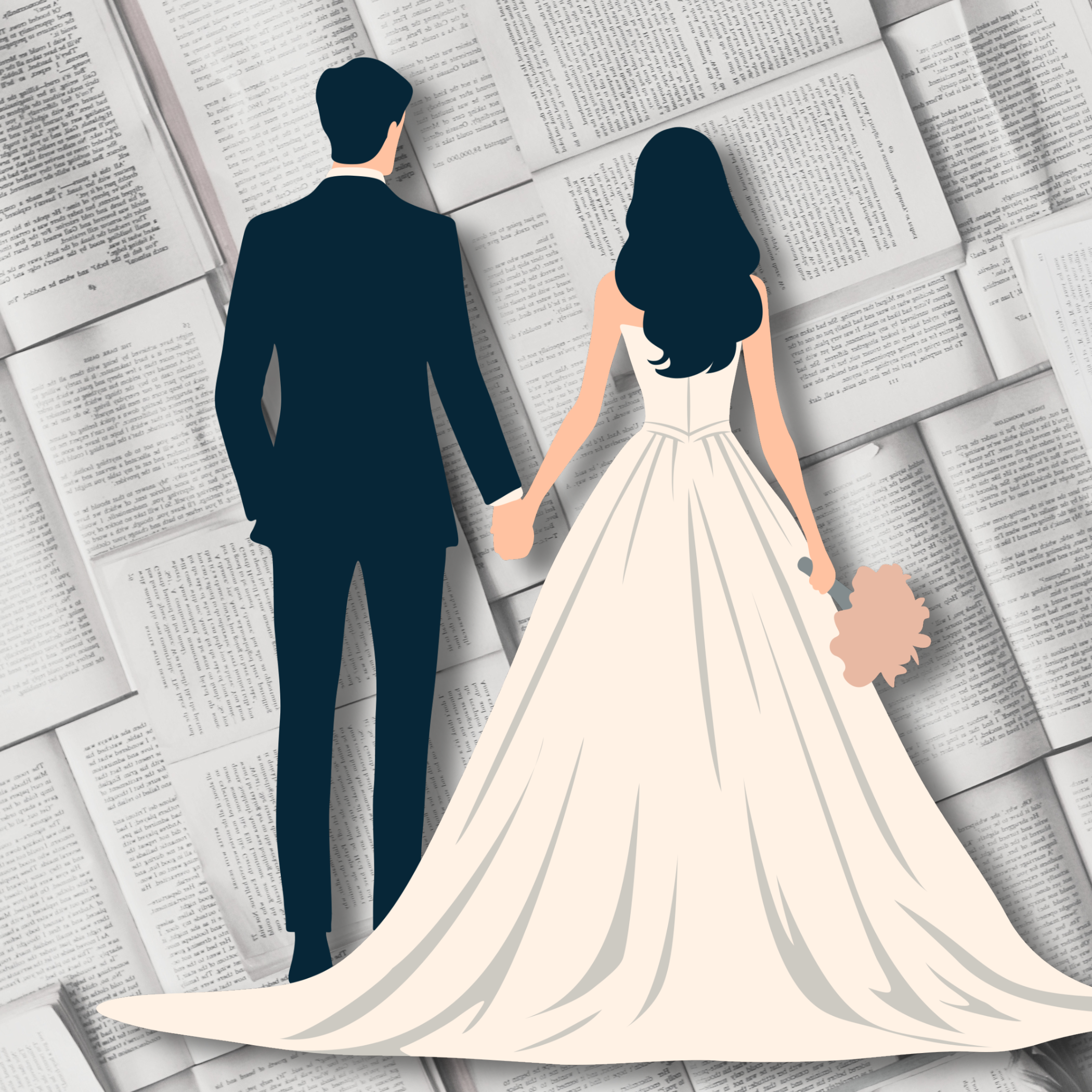 Illustration of a bride and groom holding hands, viewed from behind, standing on a background of open books.