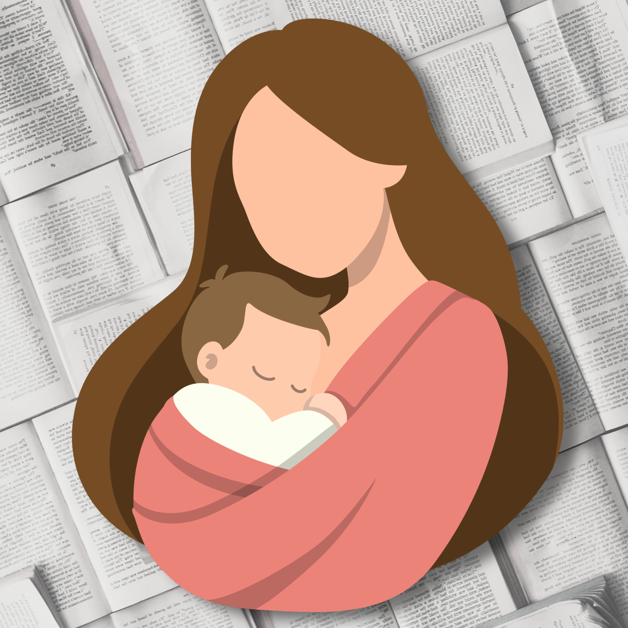 Illustration of a woman with long brown hair holding a sleeping child in her arms against a background of open books.